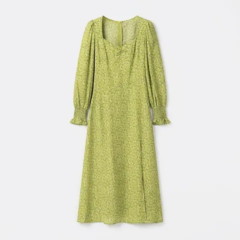 Women Green Floral Print Puff Sleeve Square Neck Midi Dress Side Split Elegant High Waist A-Line Casual Spring Summer Gown