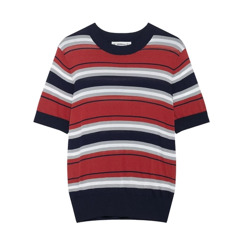 Top de Punto de Manga Corta a Rayas Casual para Mujer Cuello Redondo Estilo Académico Retro Suéter de Poliéster Suave Top de Moda
