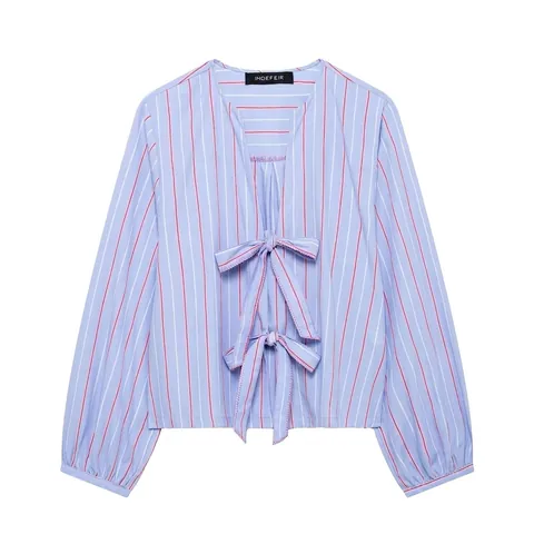 Women Casual Striped Blouse V Neck Long Lantern Sleeve Shirt Front Bow Knot Tie Top Light Blue Red White Stripe Spring