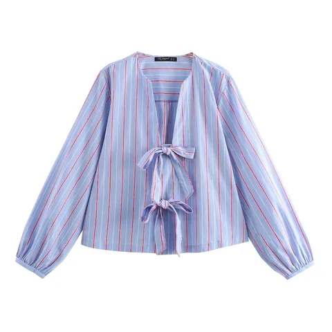 Women Casual Striped Blouse V Neck Long Lantern Sleeve Shirt Front Bow Knot Tie Top Light Blue Red White Stripe Spring