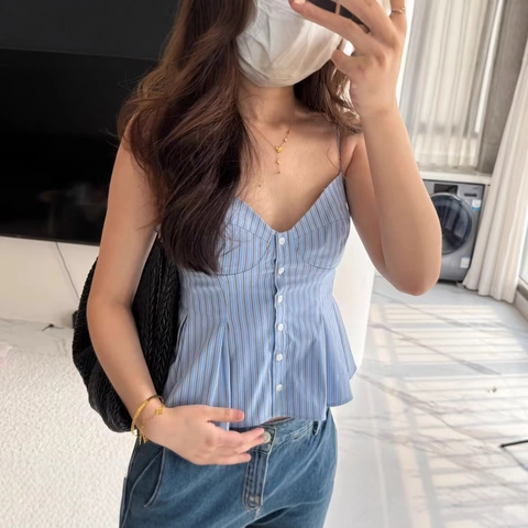 Women Sexy V Neck Peplum Cami Top Button Up Striped Spaghetti Strap Slim Fit Summer Sleeveless Cotton Blend Blouse