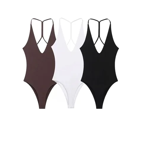 Sexy Body a Coste Scollo a V per Donna Spalline Sottili Y Back Slim Fit Tinta Unita Senza Maniche Jumpsuit Costume Intero