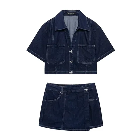 Damen Casual Denim Zweiteiler Set Dunkelblau Kurzarm Jacke Mit Knöpfen Minirock Skort Set Kontrastnähte Streetwear