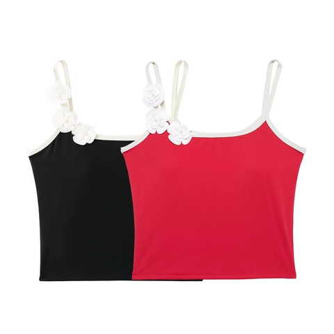 Camisole Ajustée Femme Avec Décoration Fleurs Camélia 3D Liseré Contrasté Sexy Crop Top Sans Manches Gilet Été Fête