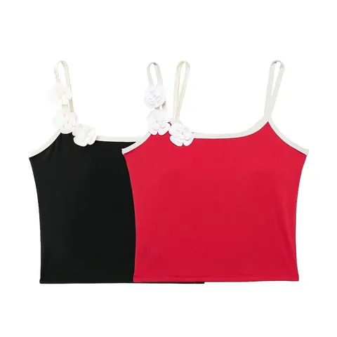 Camisole Ajustée Femme Avec Décoration Fleurs Camélia 3D Liseré Contrasté Sexy Crop Top Sans Manches Gilet Été Fête