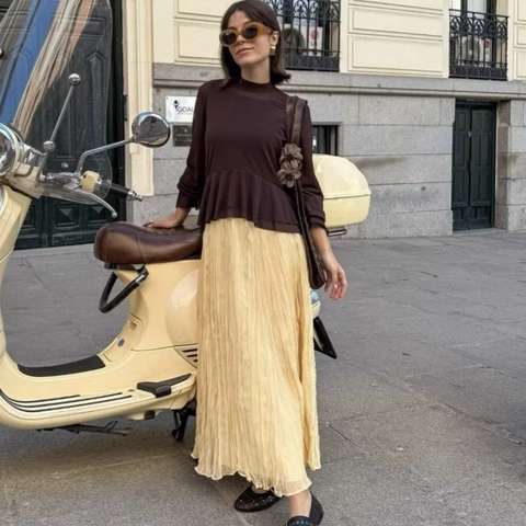 Falda Maxi Plisada de Talle Alto para Mujer Elegante Color Sólido Arrugada Línea A Falda Larga para Primavera Verano Casual Poliéster
