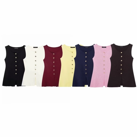 Chaleco de Punto Sin Mangas para Mujer Slim Fit Botones Dorados Cuello Redondo Camiseta de Tirantes de Canalé Cárdigan de Punto para Primavera Verano Casual