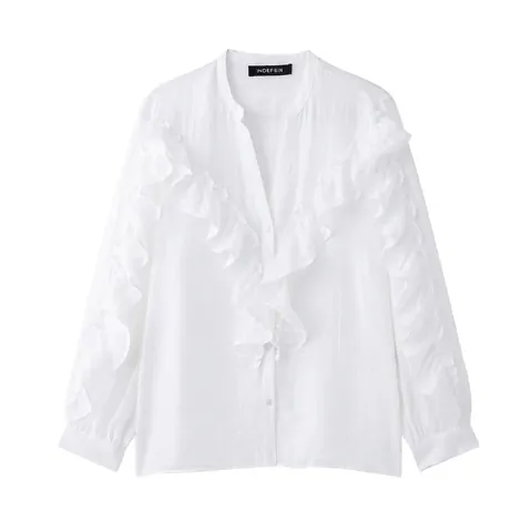 Elegante Dames V-hals Ruffle Overhemd Effen Wit Lange Mouwen Blouse Casual Enkele Rij Knopen Top Voor Lente Herfst Streetwear