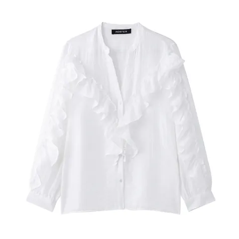 Elegante Dames V-hals Ruffle Overhemd Effen Wit Lange Mouwen Blouse Casual Enkele Rij Knopen Top Voor Lente Herfst Streetwear