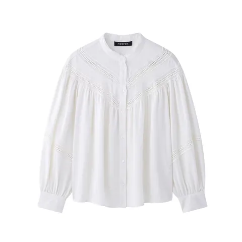 Damen Eleganz Weiß Spitze Bluse Stehkragen Langarm Hohl Stickerei Süß Bohemian Knopfhemd Top