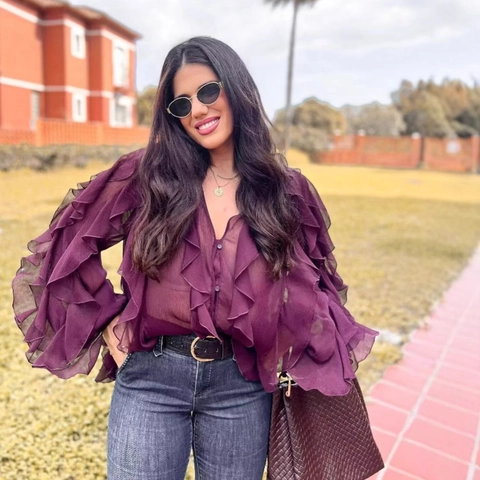 Elegant Women V-Neck Ruffle Blouse Solid Color Long Sleeve Layered Pleated Chiffon Shirt Casual Versatile Commuting Top
