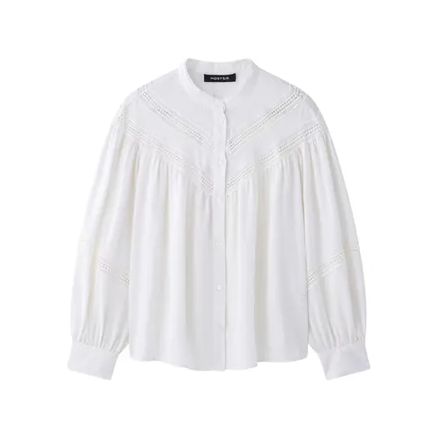 Damen Eleganz Weiß Spitze Bluse Stehkragen Langarm Hohl Stickerei Süß Bohemian Knopfhemd Top
