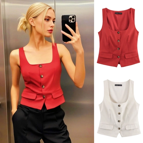 Chaleco de Traje para Mujer Cuello Cuadrado Sin Mangas con Botones Ajuste Ceñido Top Profesional Casual de Oficina