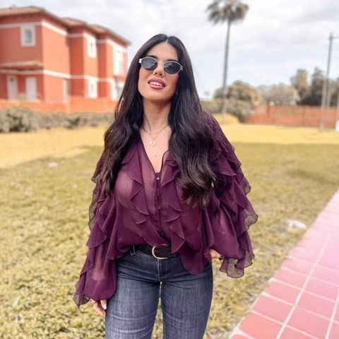 Elegant Women V-Neck Ruffle Blouse Solid Color Long Sleeve Layered Pleated Chiffon Shirt Casual Versatile Commuting Top