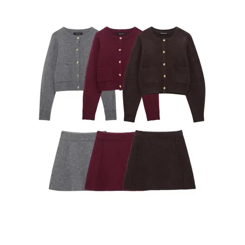 Women's Casual Knit Two-Piece Set Round Neck Cardigan With Gold Buttons And Matching Mini Skirt Polyester Autumn Outfits