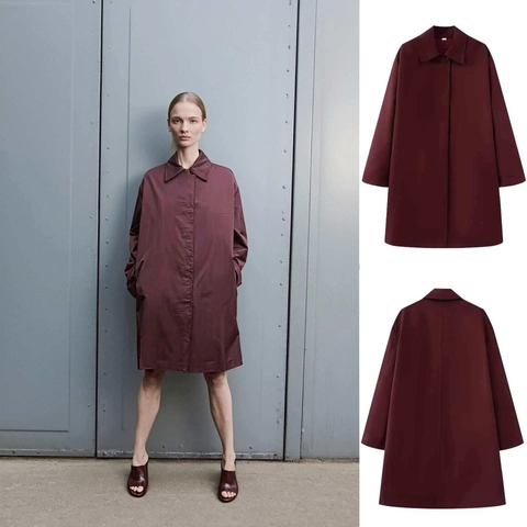 Women Casual Solid Wine Red Long Trench Coat Loose Fashion Hidden Button Lapel Outerwear Jacket For Early Spring