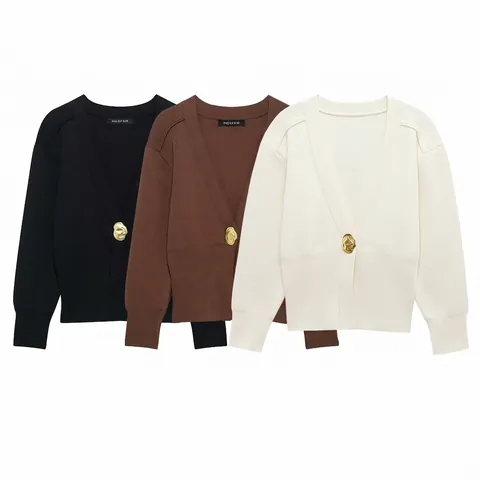 Dames V-Hals Gebreid Vest Met Irreguliere Gouden Metalen Knoop Effen Kleur Lange Mouw Casual Chic Geribbelde Zoom Trui