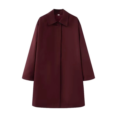 Women Casual Solid Wine Red Long Trench Coat Loose Fashion Hidden Button Lapel Outerwear Jacket For Early Spring