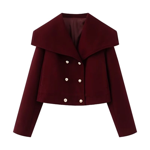 Manteau Court en Laine Femme Double Boutonnage Grand Revers Veste Mode Vêtements d'Extérieur Couleur Unie Boutons Or Chic