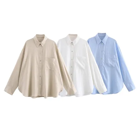Chemisier en Lin Décontracté pour Femmes Oversize Manches Longues Boutonné Col Rabattu Haut Uni Avec Poche