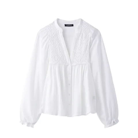 Elegante Weiße Baumwoll Stickerei Bluse Für Damen V Ausschnitt Langarm Laternenärmel Knopfleiste Lässiges Top Hemd