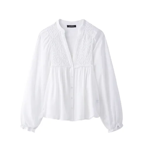Elegante Weiße Baumwoll Stickerei Bluse Für Damen V Ausschnitt Langarm Laternenärmel Knopfleiste Lässiges Top Hemd