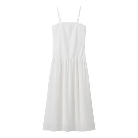 Abito Maxi da Donna Elegante Bianco con Spalline Sottili Tinta Unita Senza Schienale Linea ad A Lungo per Vacanza Estiva