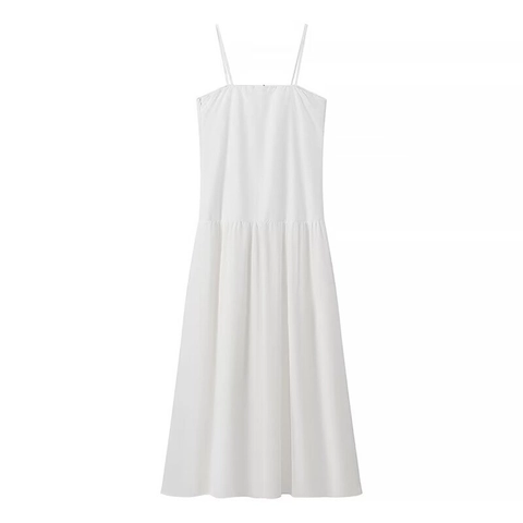 Women Elegant White Spaghetti Strap Maxi Dress Solid Color Backless A-Line Long Dress For Summer Vacation Street Style