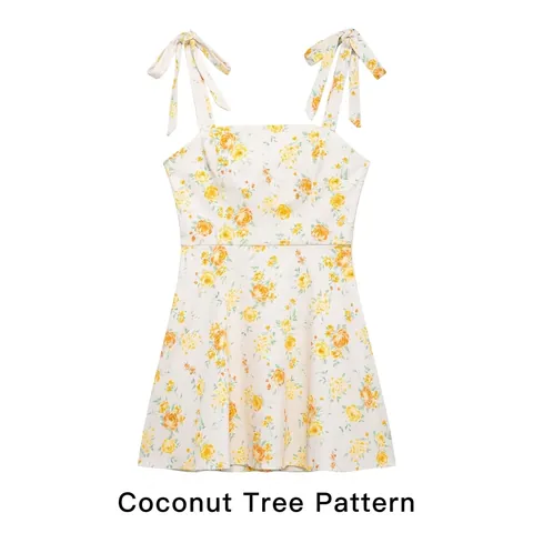 Abito Mini da Donna con Stampa Floreale Dolce Linea A Prendisole Estivo con Spalline a Fiocco Scollo Quadrato Vita Alta Senza Maniche Poliestere Casual Festa