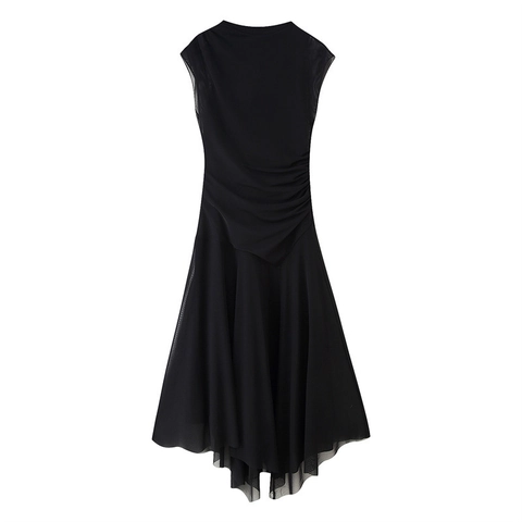 Vestido Midi de Malla Sexy para Mujer Sin Mangas Cuello Redondo Lado Fruncido Dobladillo Asimétrico Streetwear Bodycon