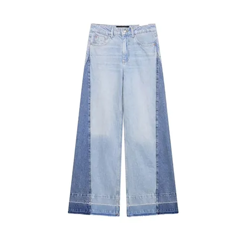 Vaqueros de Talle Alto y Pata Ancha para Mujer Patchwork Color de Contraste Pantalones Denim Dobladillo Deshilachado Casual