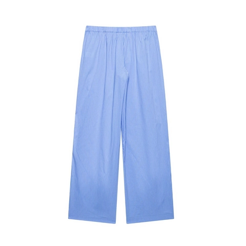 Pantalones de Pierna Ancha de Cuadros para Mujer Encaje Lateral Empalme Cordón Cintura Elástica Casual Pantalones Largos