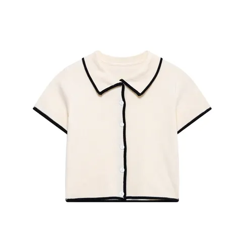 Γυναικείο Βίντατζ Πλεκτό Polo Top Και Μίνι Φούστα Κομψό Με Αντίθεση στο Τελείωμα Κοντό Μανίκι Κρέμα Πλεκτό Σύνολο