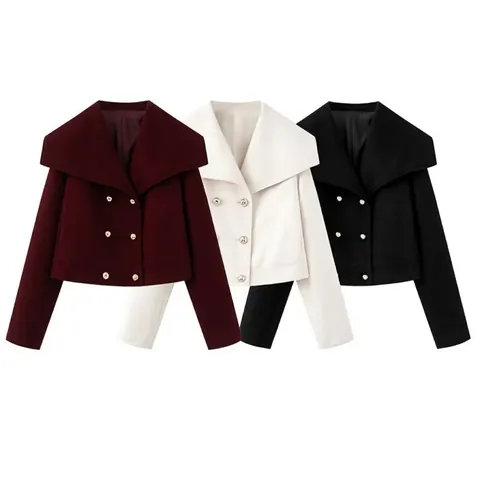 Manteau Court en Laine Femme Double Boutonnage Grand Revers Veste Mode Vêtements d'Extérieur Couleur Unie Boutons Or Chic