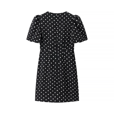 Vestido Retro de Lunares para Mujer Manga Abullonada Línea A Vestido Corto Tres Lazos Ajustado Negro Blanco Moda de Verano Vestido Streetwear
