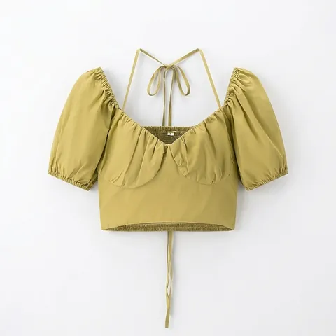 Top Crop da Donna Sexy Slim Fit All'americana Giallo Senape Maniche a Sbuffo Schiena a Punto Smock con Lacci Estate