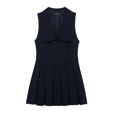 Vestido Plisado sin Mangas con Cuello en V y Solapa Ancha para Mujer Color Sólido Elegante Vestido Mini de Línea A Moda Casual de Verano