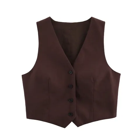 Women V Neck Single Breasted Suit Vest Slim Fit Back Strap Waistcoat Coffee Solid Color Polyester Sexy Office Top