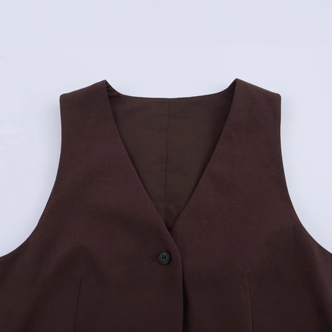 Women V Neck Single Breasted Suit Vest Slim Fit Back Strap Waistcoat Coffee Solid Color Polyester Sexy Office Top