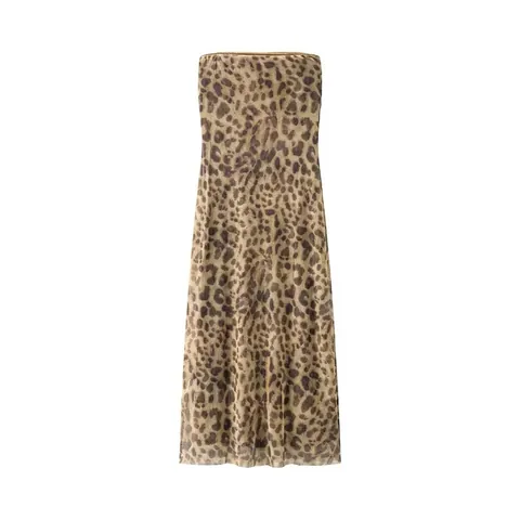 Vestito Midi a Tubino Sexy da Donna con Stampa Leopardata Senza Spalline in Mesh Abito Lungo a Tubo Vita Alta Slim Fit Streetwear