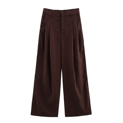 Pantaloni da Donna a Vita Alta a Gamba Larga Eleganti Plissettati a Gamba Dritta Tinta Unita Caffè Ufficio Moda Quotidiana