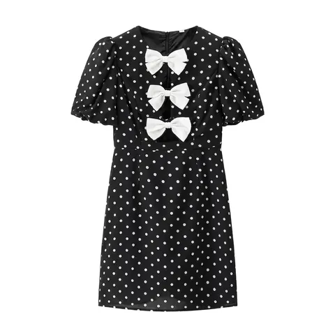 Vestido Retro de Lunares para Mujer Manga Abullonada Línea A Vestido Corto Tres Lazos Ajustado Negro Blanco Moda de Verano Vestido Streetwear