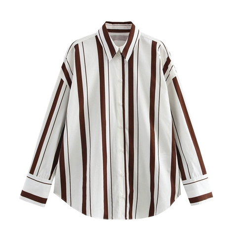 Camisa de Manga Larga con Rayas Verticales Casual para Mujer Solapa con Botones Blusa de Popelina Tops para Uso Diario
