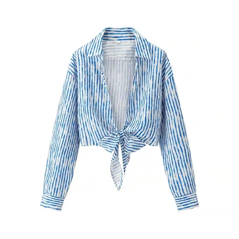 Women Casual Striped Cropped Shirt Long Sleeve Lapel Tie-Front Blouse Resort Fashion Spring Autumn Tops