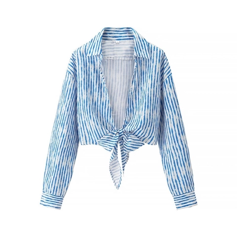 Women Casual Striped Cropped Shirt Long Sleeve Lapel Tie-Front Blouse Resort Fashion Spring Autumn Tops
