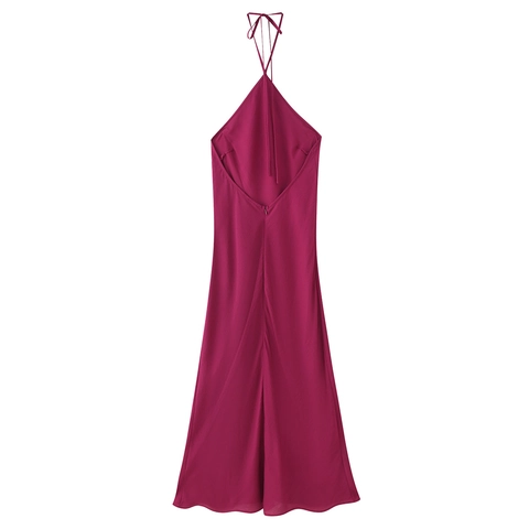 Damen Halter Rückenfrei Satin Maxi Kleid Sommer Elegant Rosarot Bindeband A-Linie Langes Kleid Für Urlaub Party Casual Streetwear