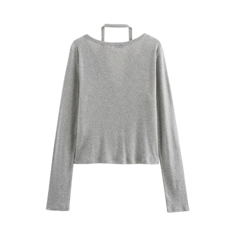Women V Neck Halter Long Sleeve Knitted T-Shirt Solid Color Single Breasted Patchwork Street Style Slim Fit Top