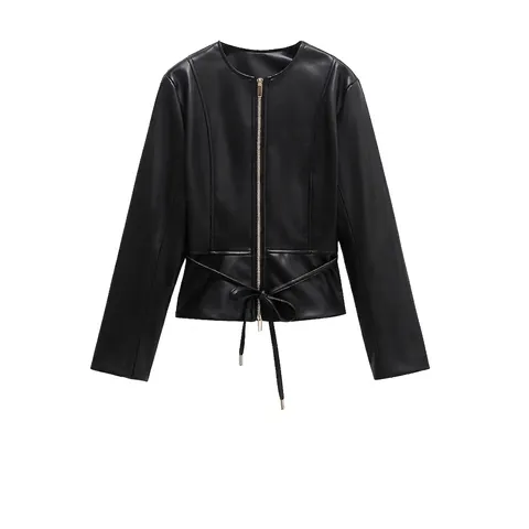 Damen Mode Kunstlederjacke Casual Rundhals Reißverschluss Jacke Mit Saum Zum Binden Slim Fit Langarm Schwarz Mantel