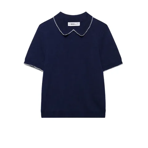 Women French Vintage Navy Blue Knit Short Sleeve Polo Top With Contrast White Scalloped Edge Trim Sweet Casual Knitwear