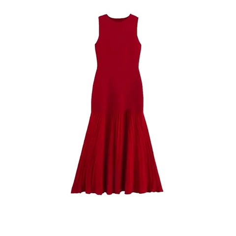 Vestido Maxi Plisado Casual para Mujer Sin Mangas Cuello Redondo Patchwork Rojo Sólido Verano Estilo Callejero Con Cinturón